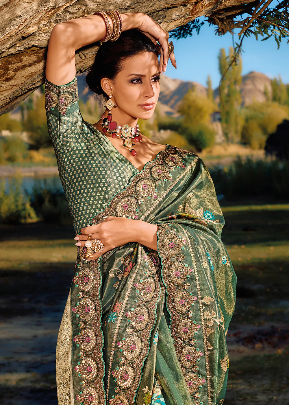 Moss Green Banarasi Pure Zari Fabric Designer Saree - Image 2