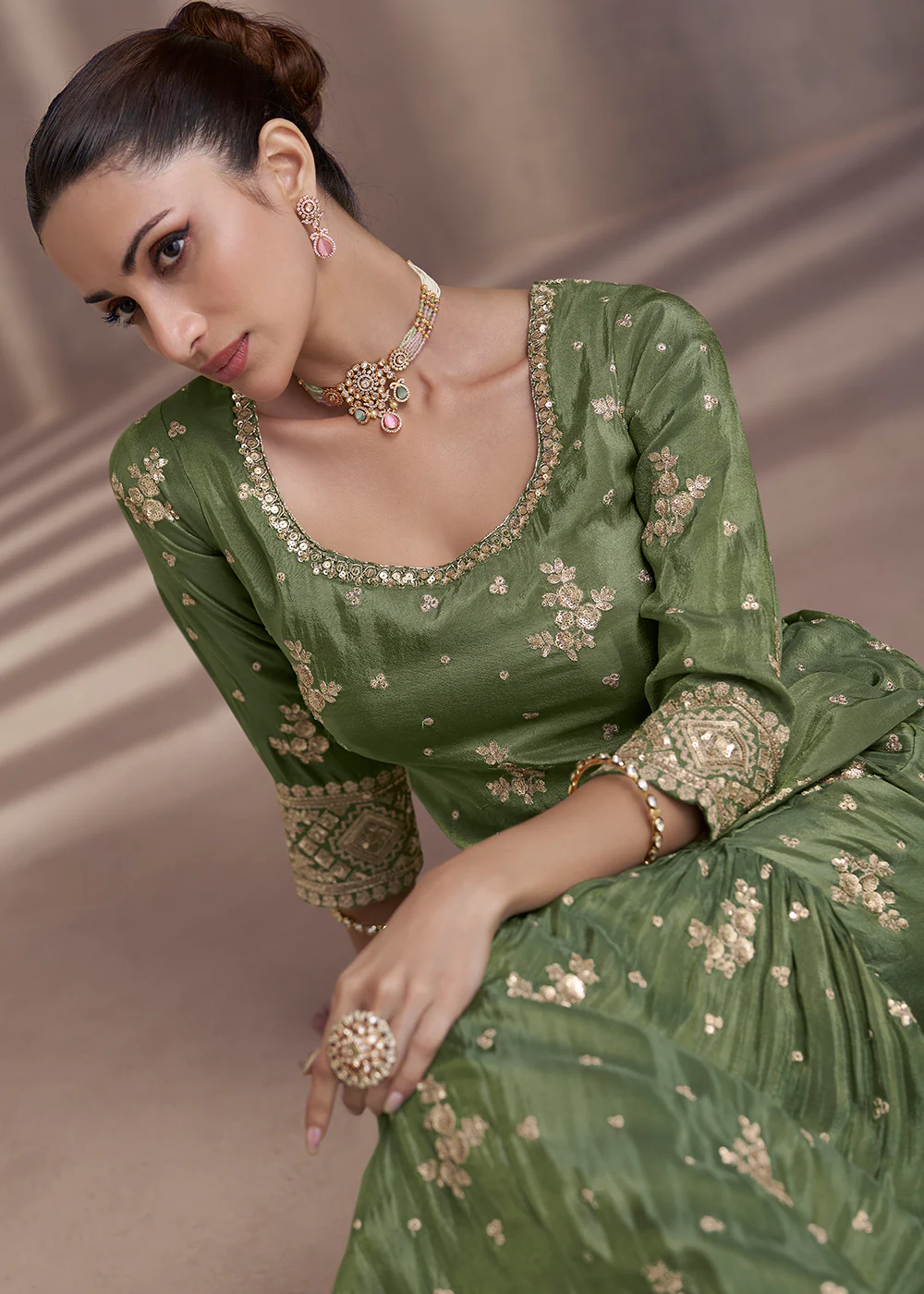 Moss Green Embroidered Chinnon Silk Designer Sharara Suit - Image 4