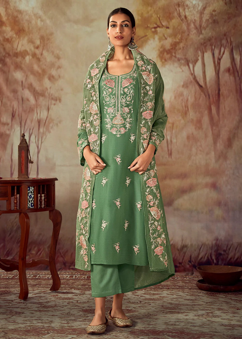 Moss Green Russian Silk Embroidered Pant Style Salwar Kurta