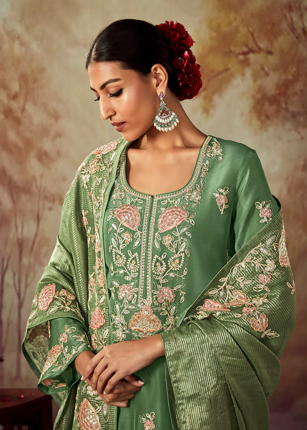 Moss Green Russian Silk Embroidered Pant Style Salwar Kurta - Image 2