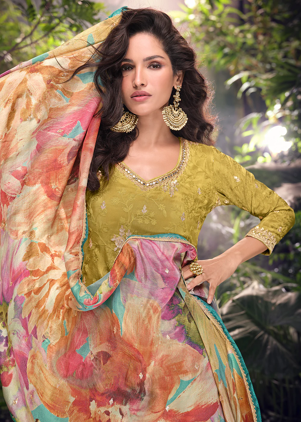 Moss Green Silk Embroidered Mehndi Wear Palazzo Suit - Image 2