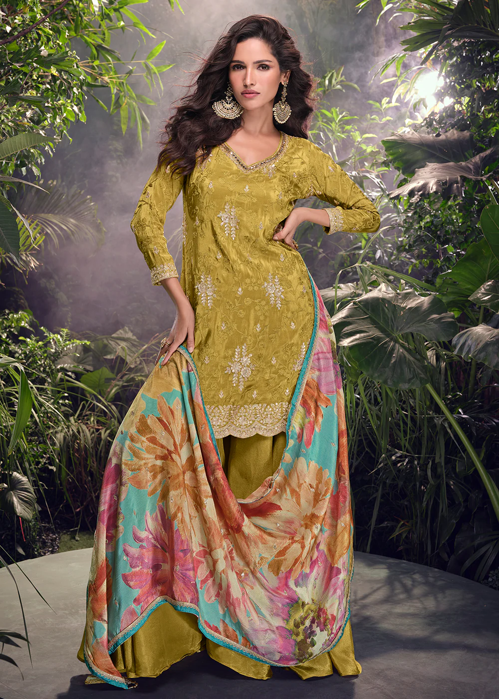 Moss Green Silk Embroidered Mehndi Wear Palazzo Suit - Image 3