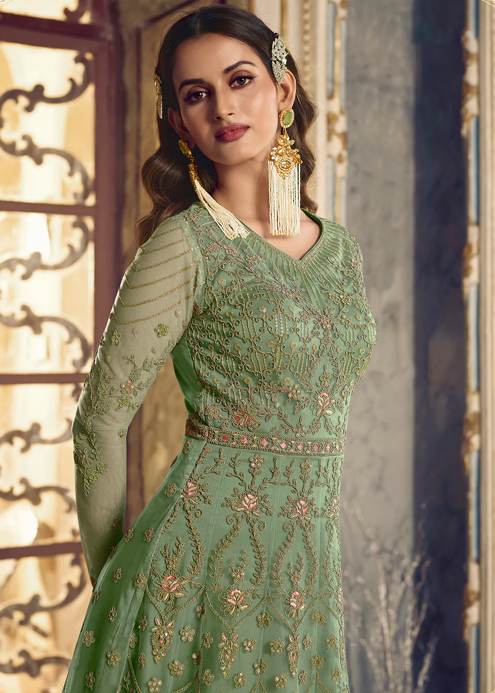 Moss Green Wedding Party Net Designer Anarkali Suit - Image 2