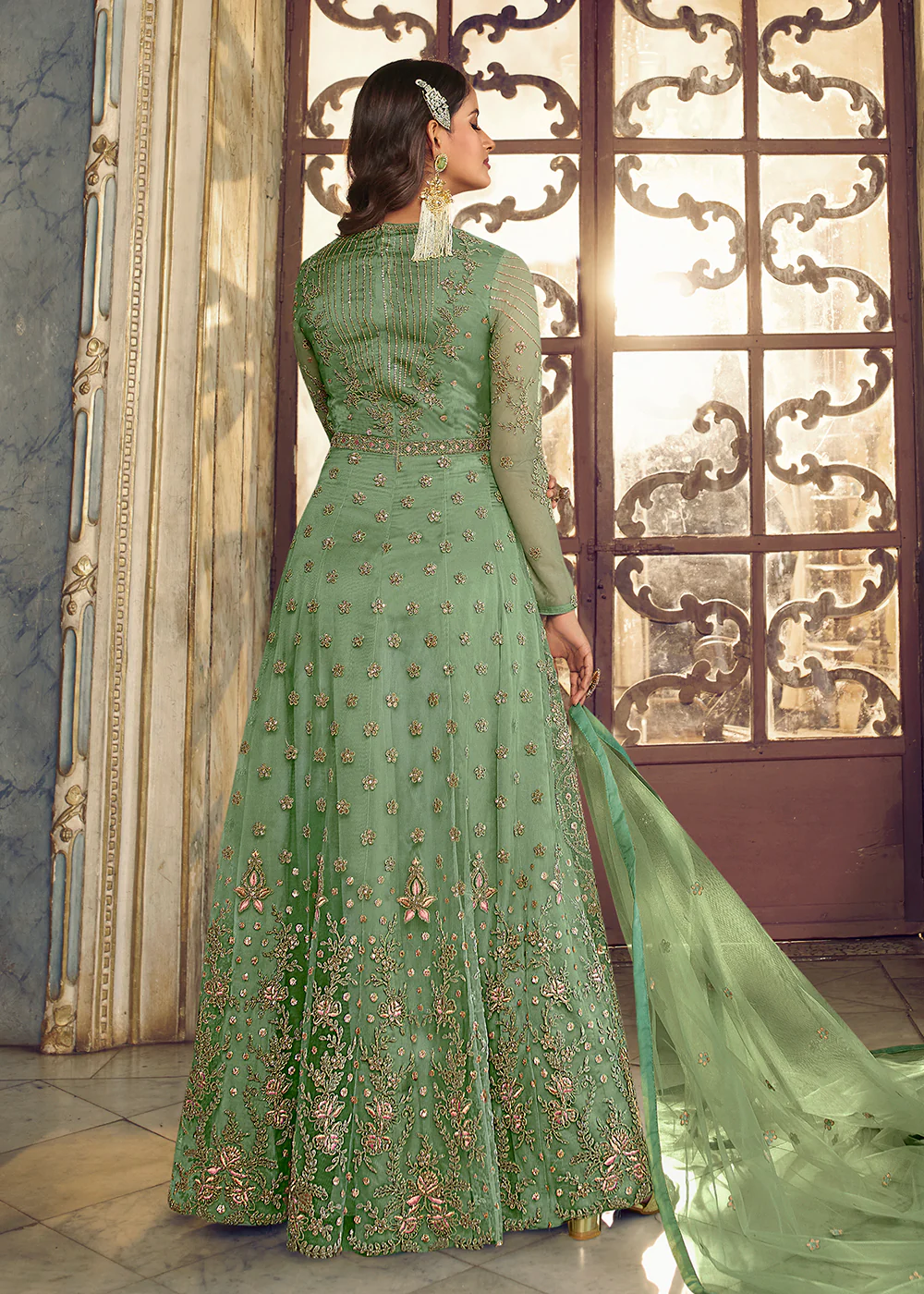 Moss Green Wedding Party Net Designer Anarkali Suit - Image 3