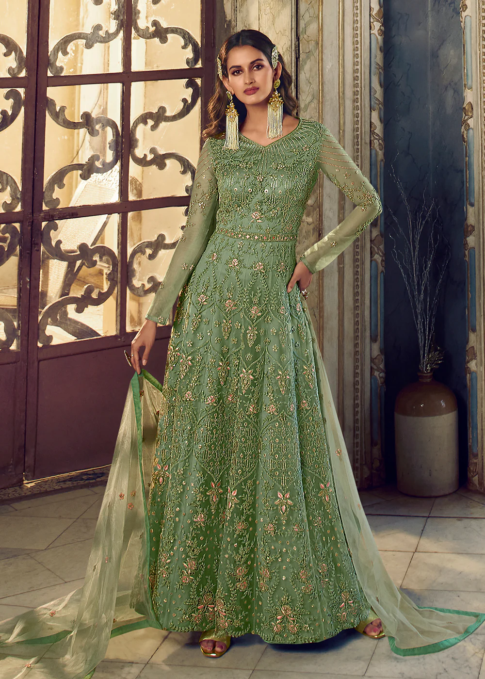 Moss Green Wedding Party Net Designer Anarkali Suit - Image 4