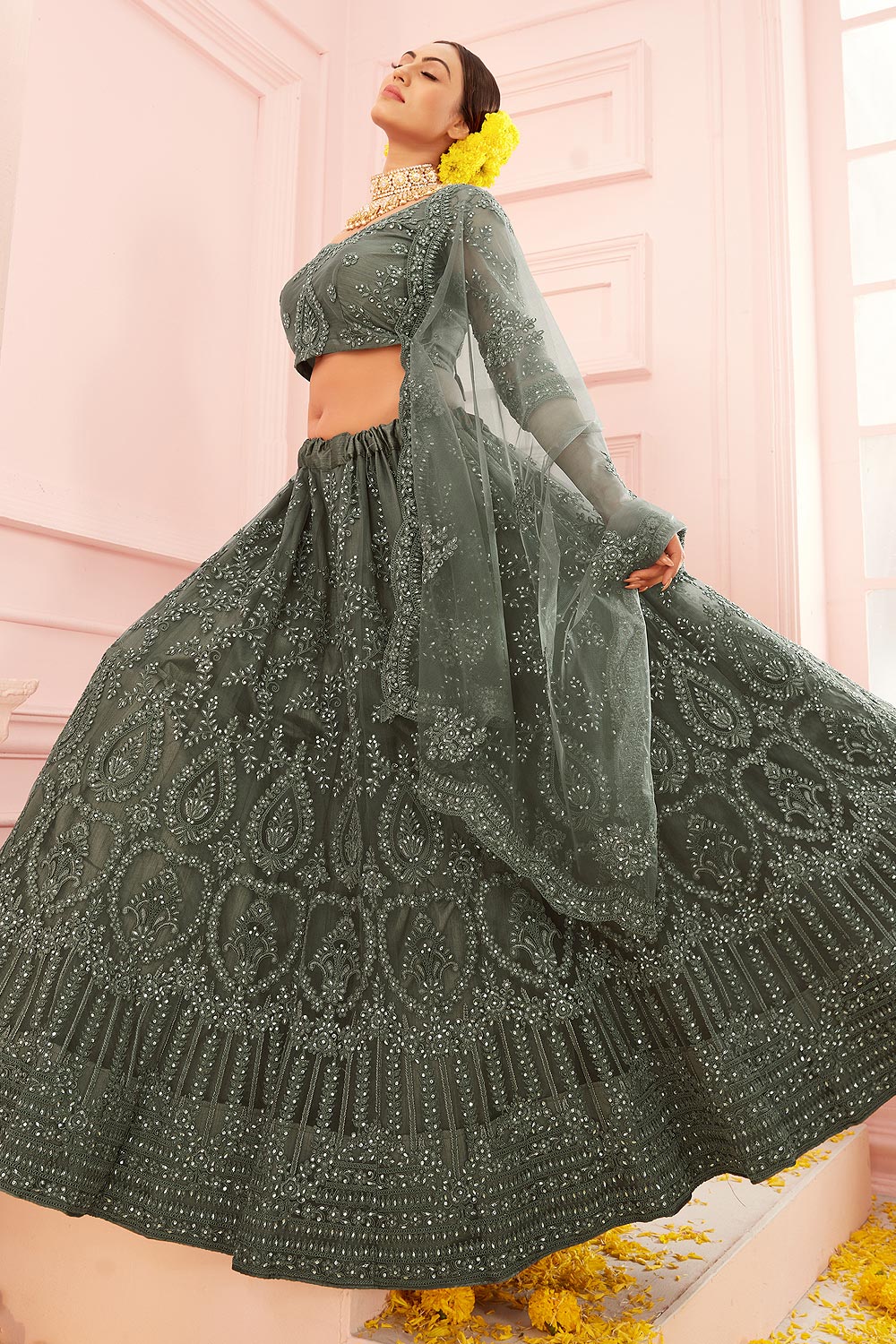 Moss Green Wedding Stone Embroidered Lehanga - Image 4