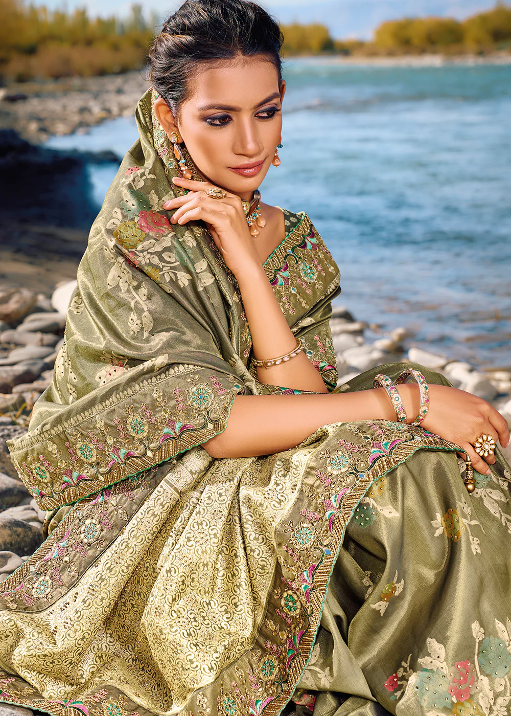 Moss Grey Banarasi Pure Zari Fabric Designer Saree - Image 2