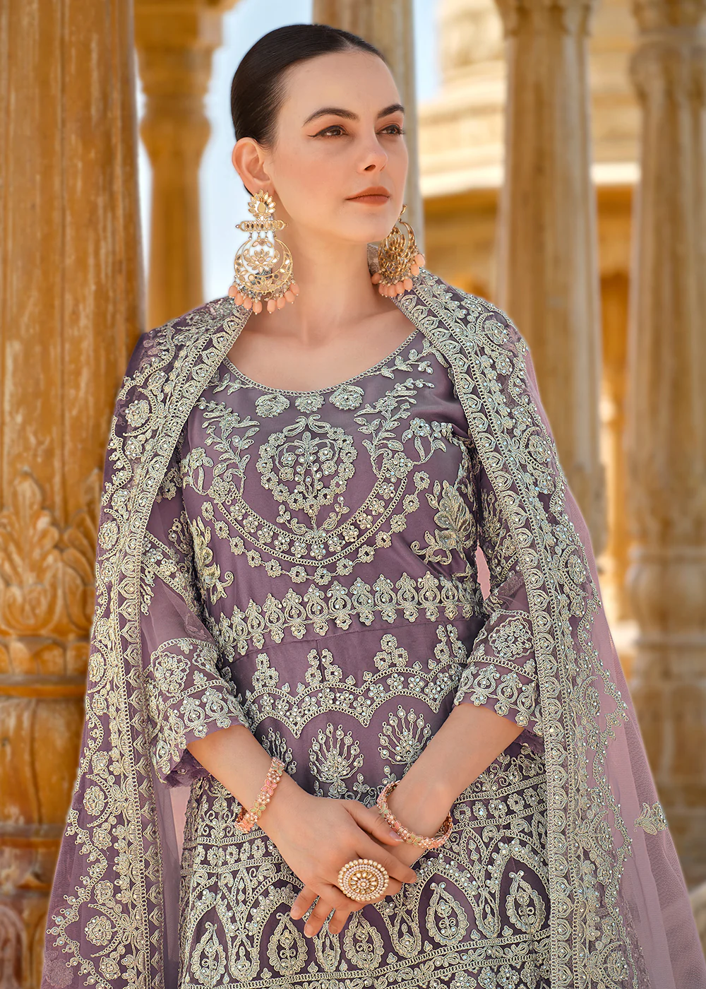 Mauve Front & Back Stone Embroidered Wedding Anarkali Suit - Image 2