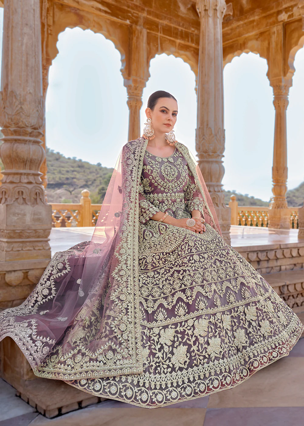 Mauve Front & Back Stone Embroidered Wedding Anarkali Suit - Image 3