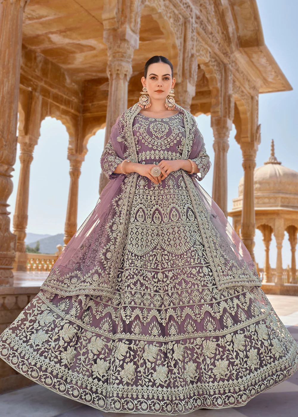Mauve Front & Back Stone Embroidered Wedding Anarkali Suit - Image 4