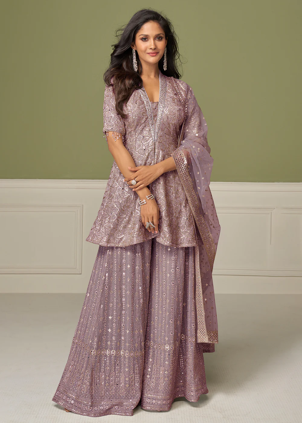 Mauve Georgette Hand Embroidered Palazzo Style Suit