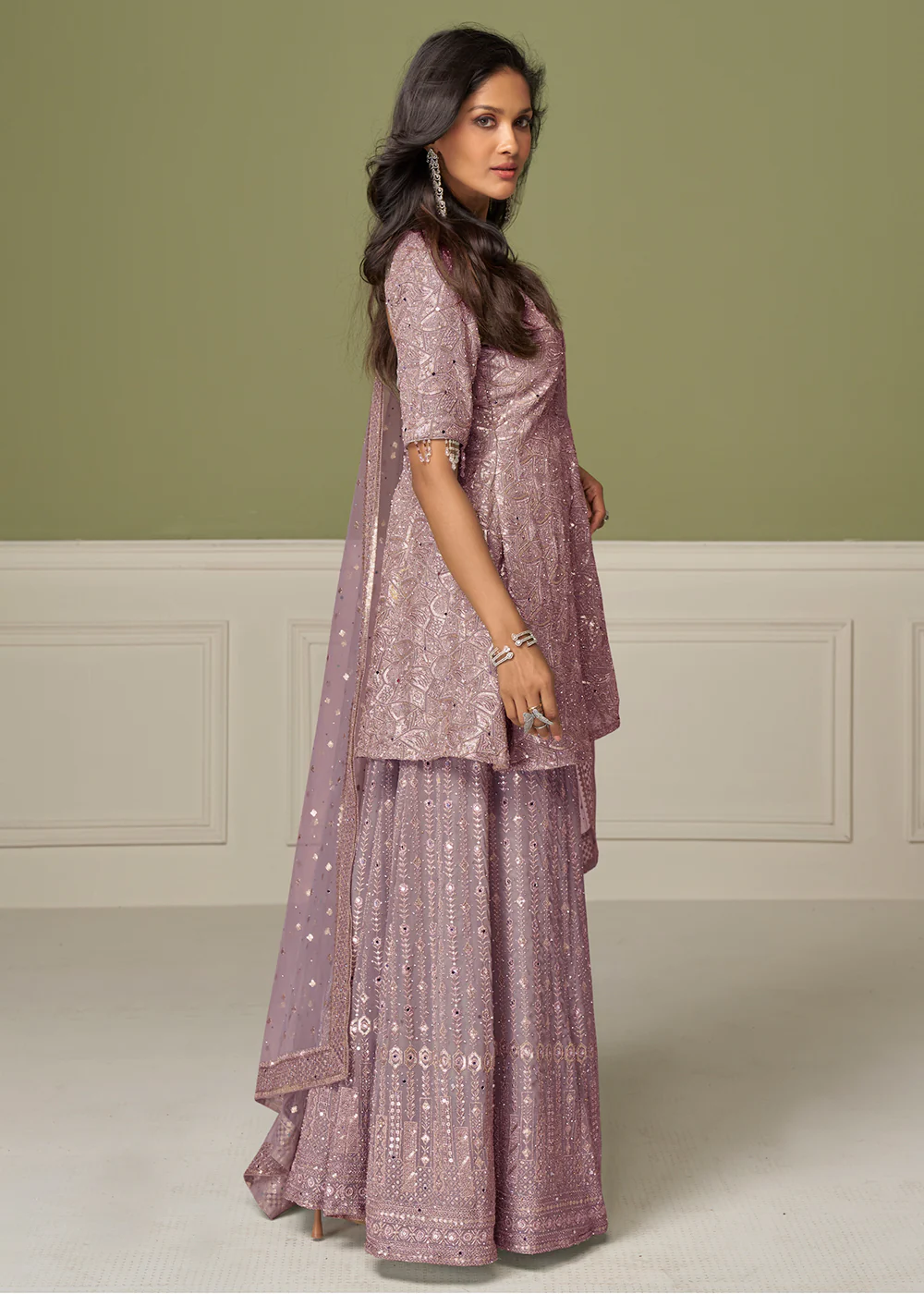 Mauve Georgette Hand Embroidered Palazzo Style Suit - Image 3