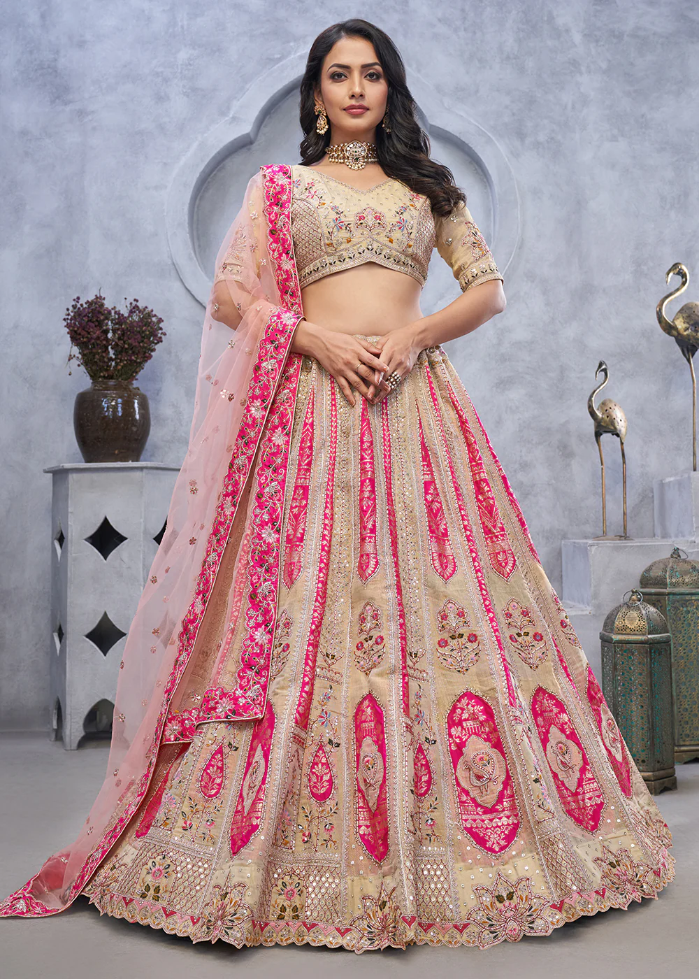 Multi Beige Paisley Motifs Embroidered Wedding Lehenga Choli