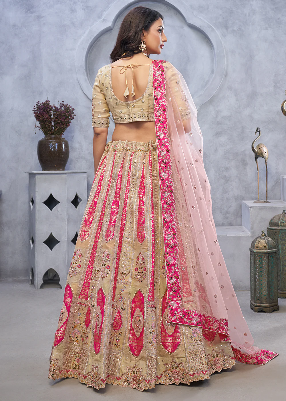 Multi Beige Paisley Motifs Embroidered Wedding Lehenga Choli - Image 3