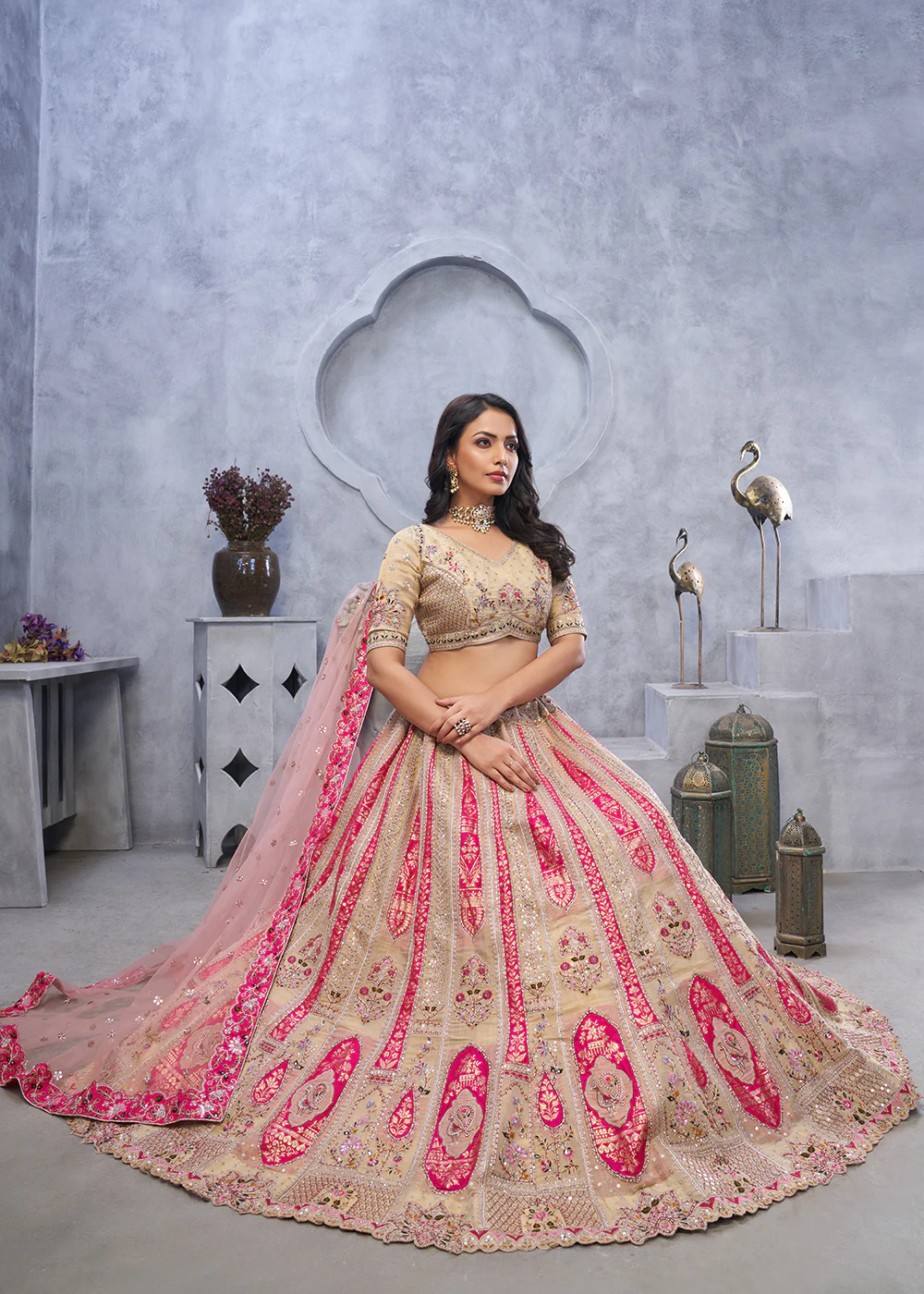 Multi Beige Paisley Motifs Embroidered Wedding Lehenga Choli - Image 4