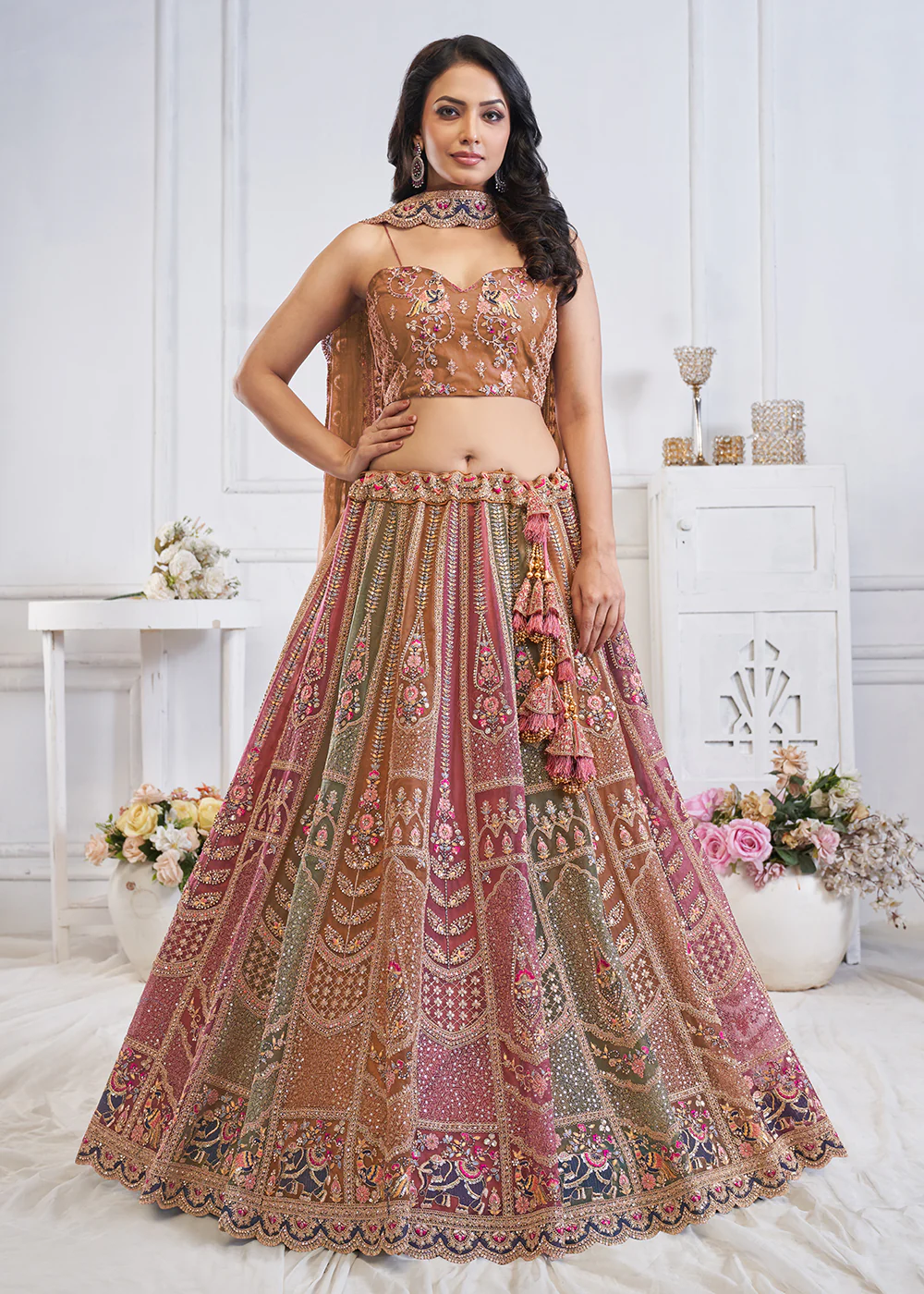Multi & Brown Embroidered Wedding Wear Lehenga Choli