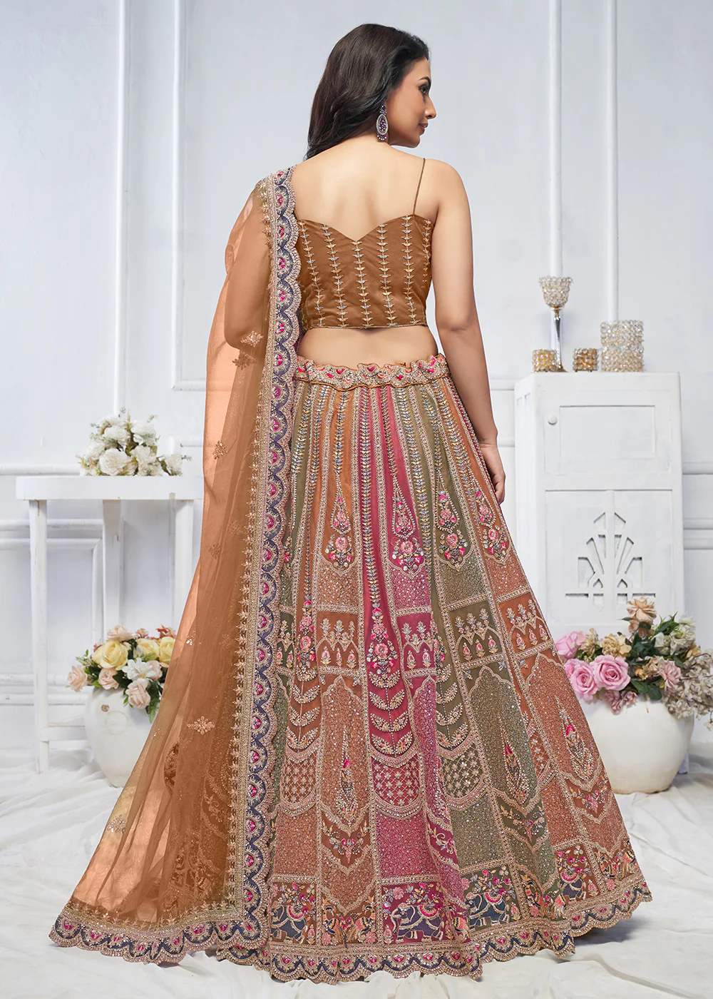 Multi & Brown Embroidered Wedding Wear Lehenga Choli - Image 3