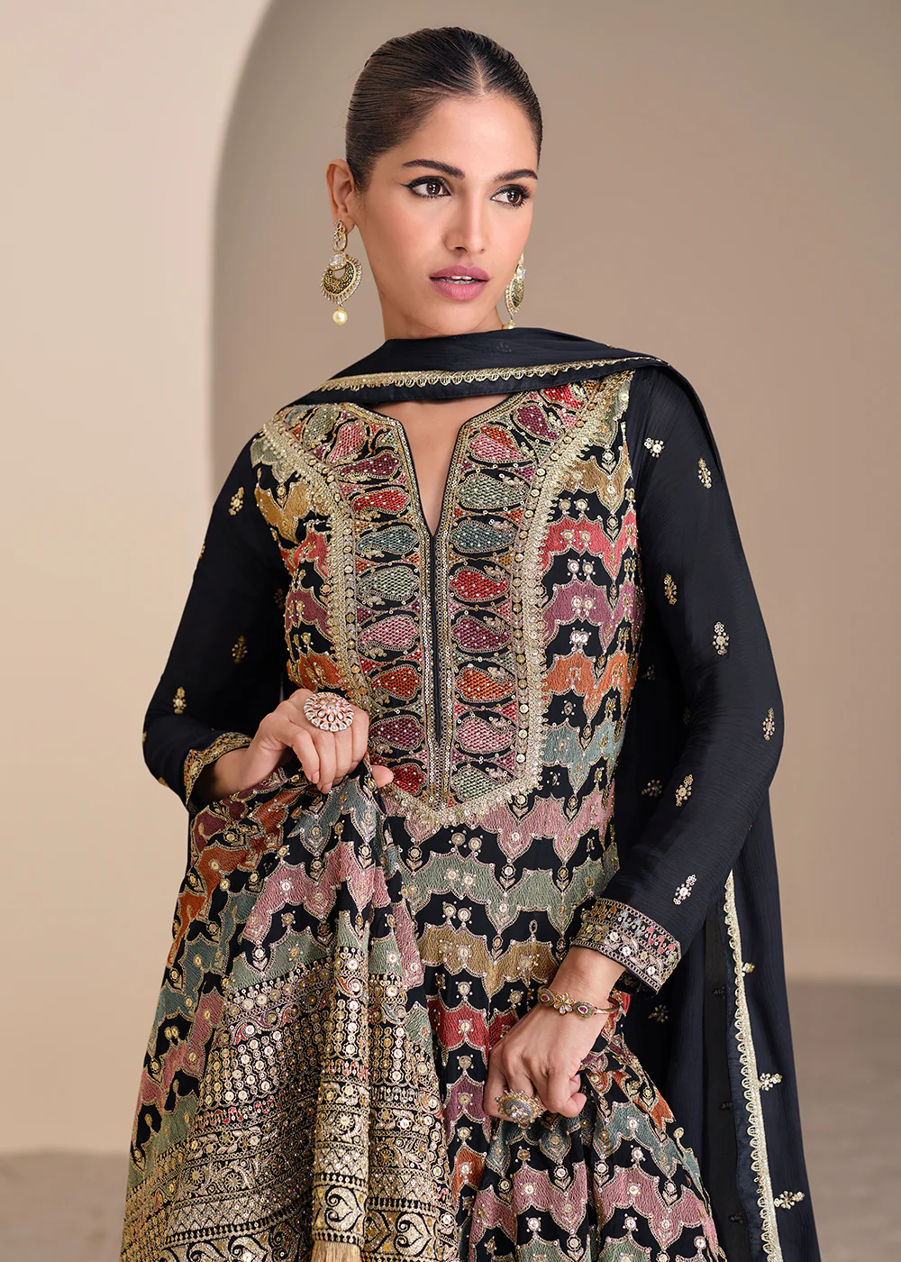 Multi Embroidered Black Georgette Wedding Sharara Suit - Image 2