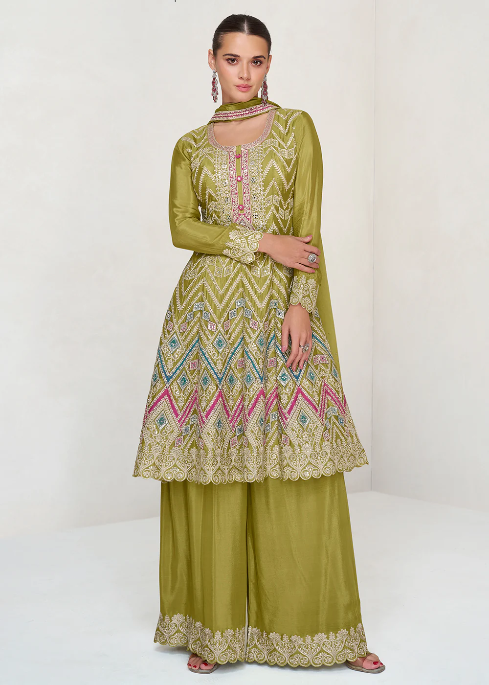 Multi Embroidered Lime Green Chinnon Palazzo Style Suit