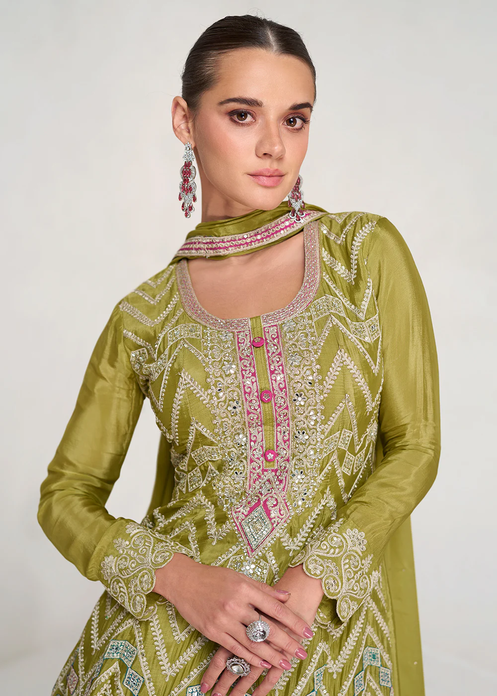 Multi Embroidered Lime Green Chinnon Palazzo Style Suit - Image 2