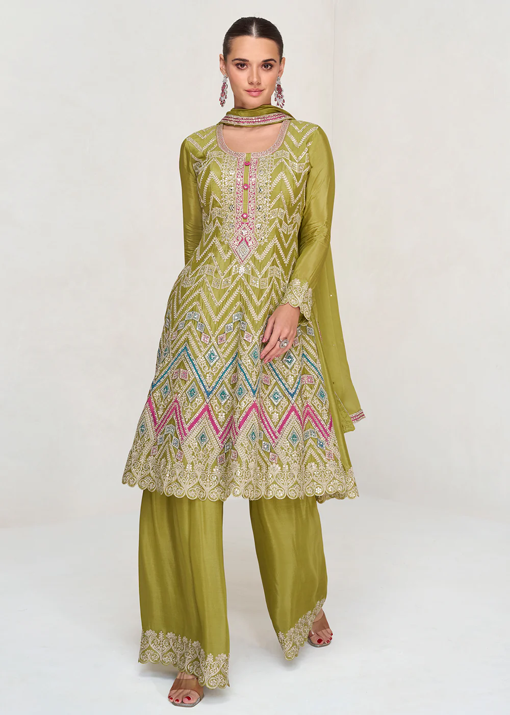 Multi Embroidered Lime Green Chinnon Palazzo Style Suit - Image 3