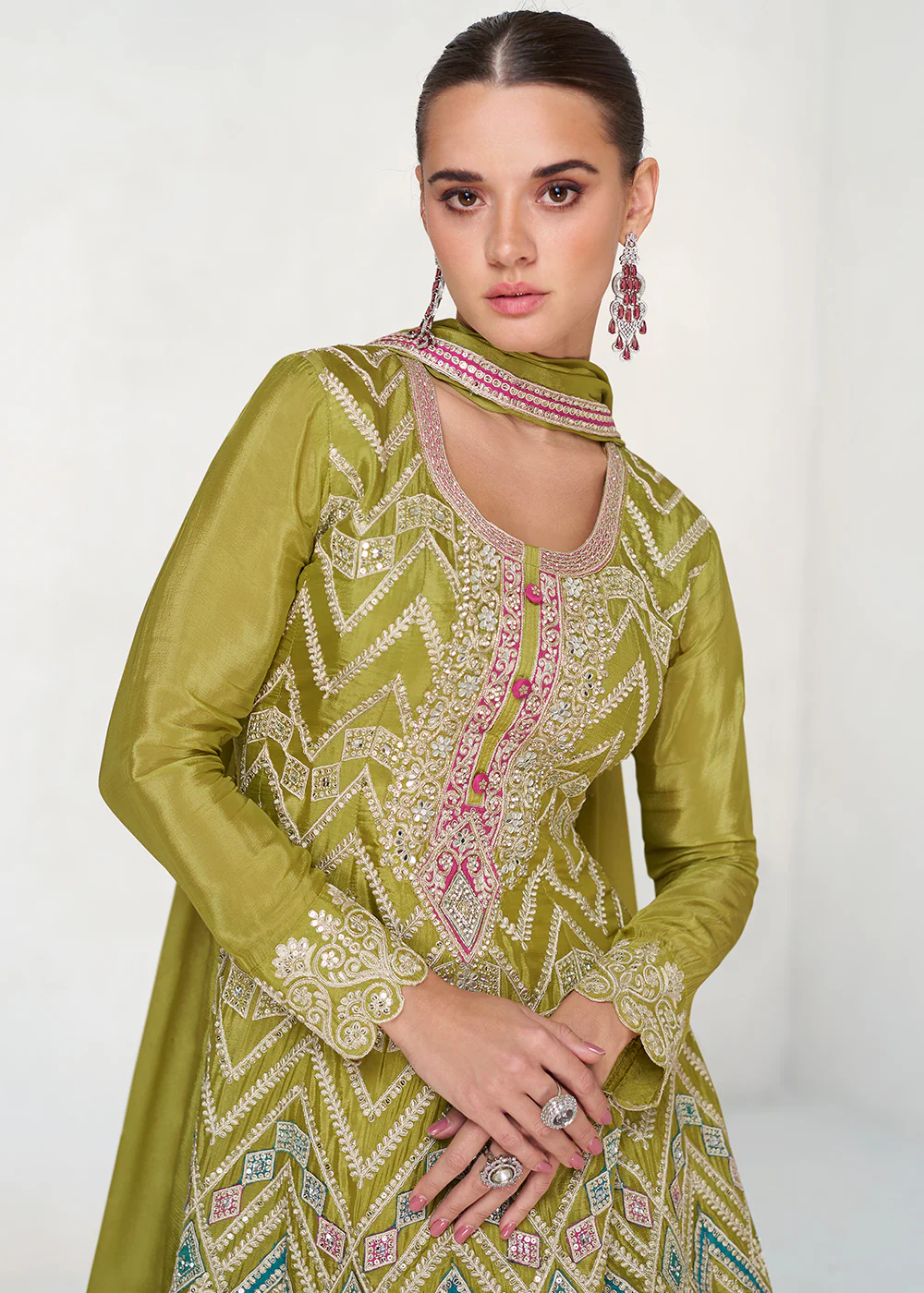 Multi Embroidered Lime Green Chinnon Palazzo Style Suit - Image 4