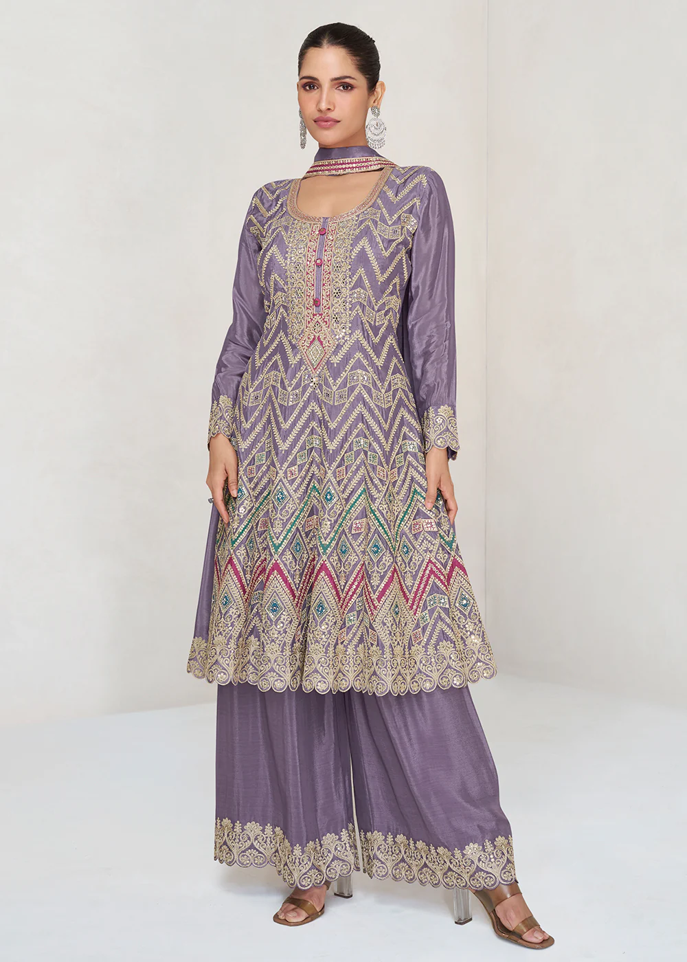 Multi Embroidered Purple Chinnon Palazzo Style Suit