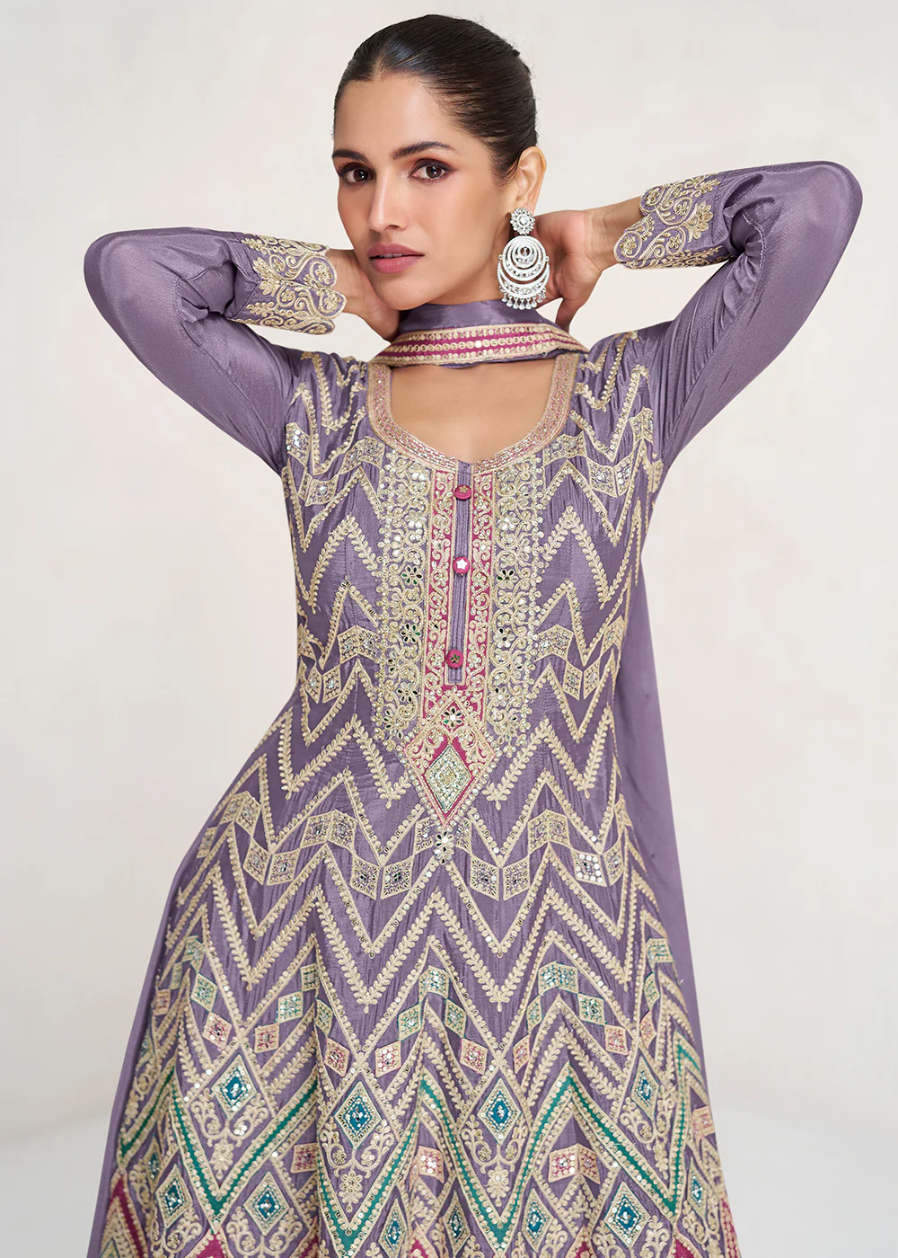 Multi Embroidered Purple Chinnon Palazzo Style Suit - Image 2