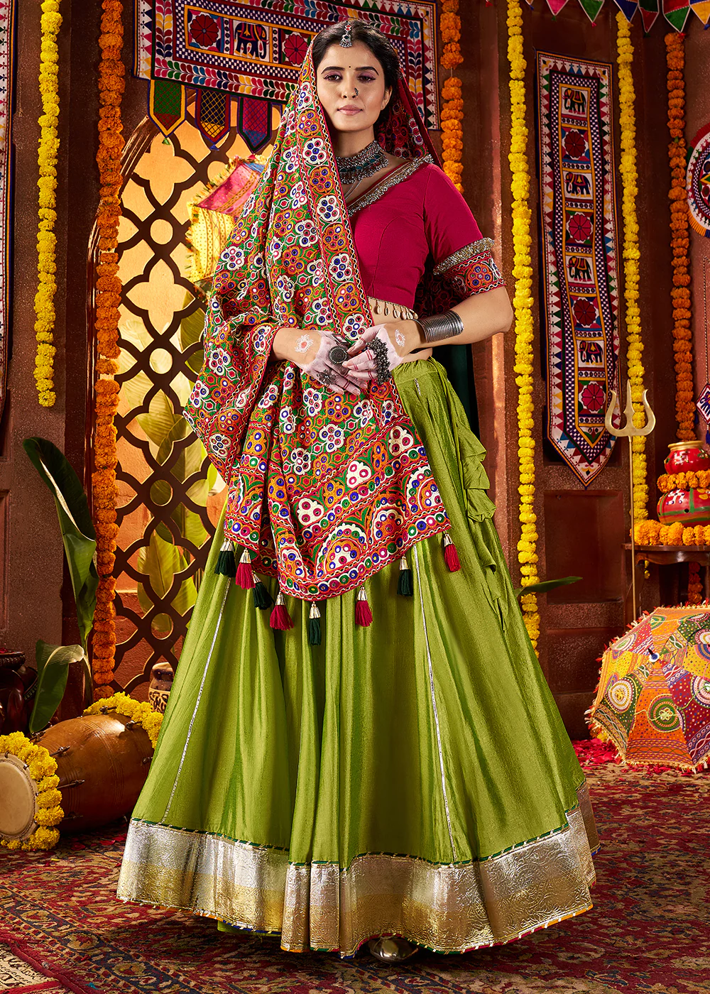Multi Green & Red Navratri Special Chaniya Choli