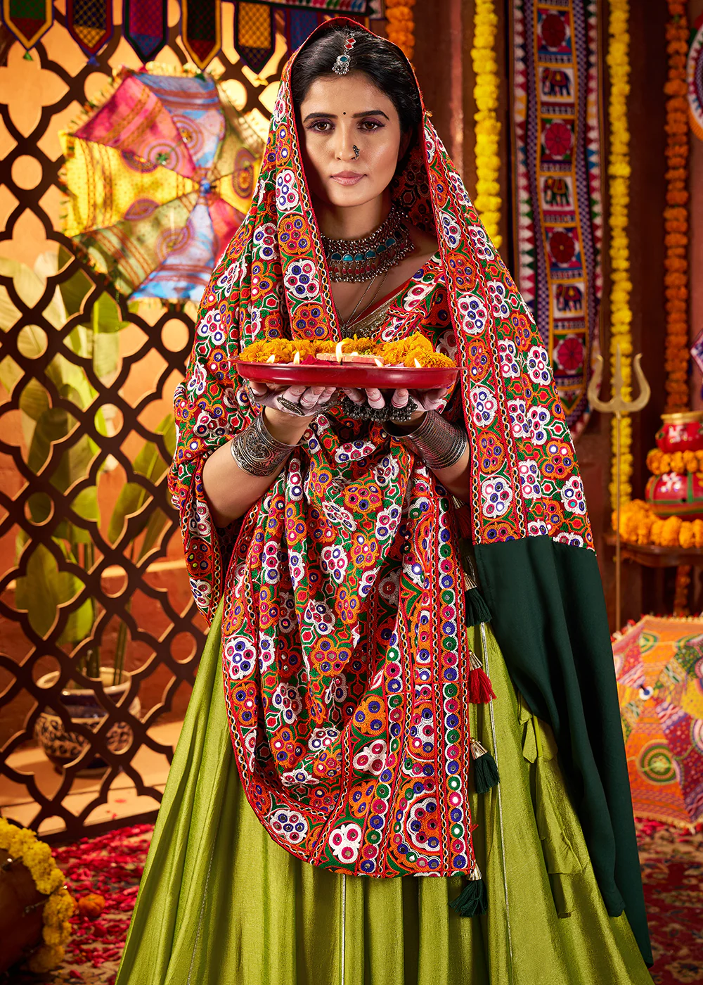 Multi Green & Red Navratri Special Chaniya Choli - Image 2