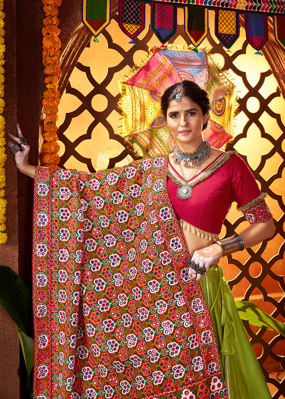 Multi Green & Red Navratri Special Chaniya Choli - Image 4