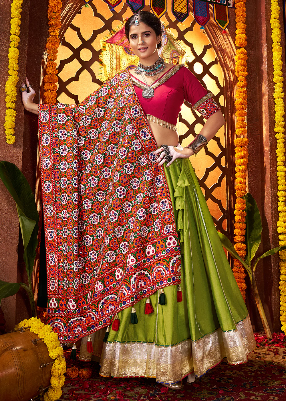 Multi Green & Red Navratri Special Chaniya Choli - Image 6