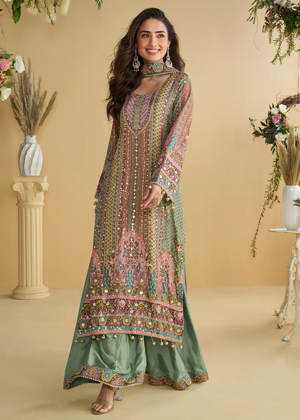 Multi Green Trendy Crepe Printed Palazzo Style Suit