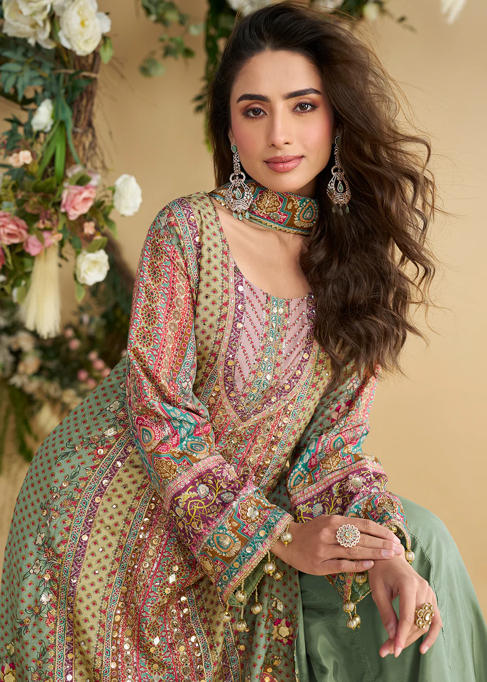 Multi Green Trendy Crepe Printed Palazzo Style Suit - Image 3