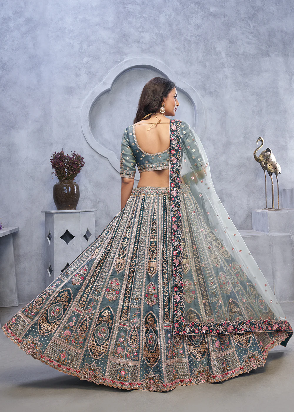 Multi Grey Paisley Motifs Embroidered Wedding Lehenga Choli - Image 3