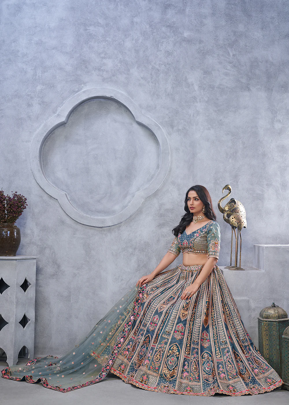Multi Grey Paisley Motifs Embroidered Wedding Lehenga Choli - Image 4