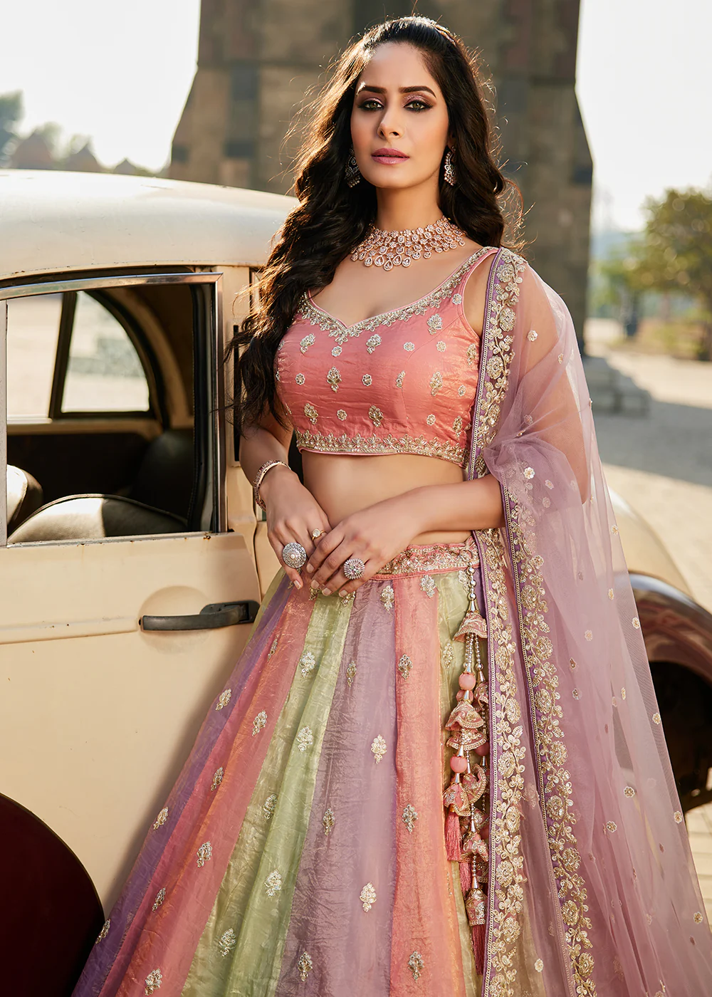 Multi Lavender Tissue Embroidered Wedding Lehenga Choli - Image 2