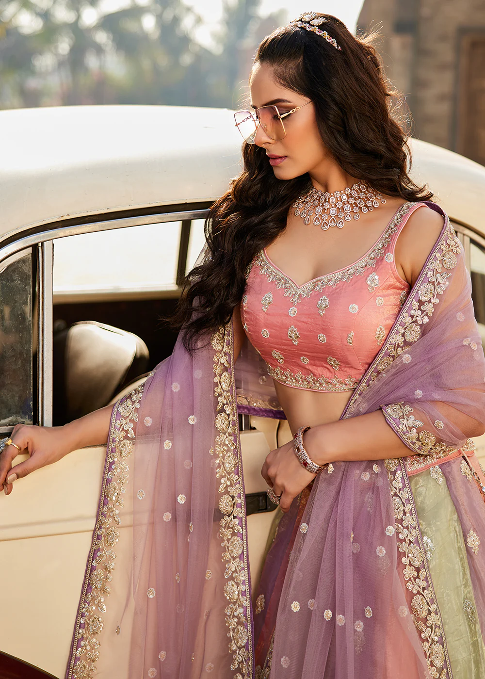 Multi Lavender Tissue Embroidered Wedding Lehenga Choli - Image 5
