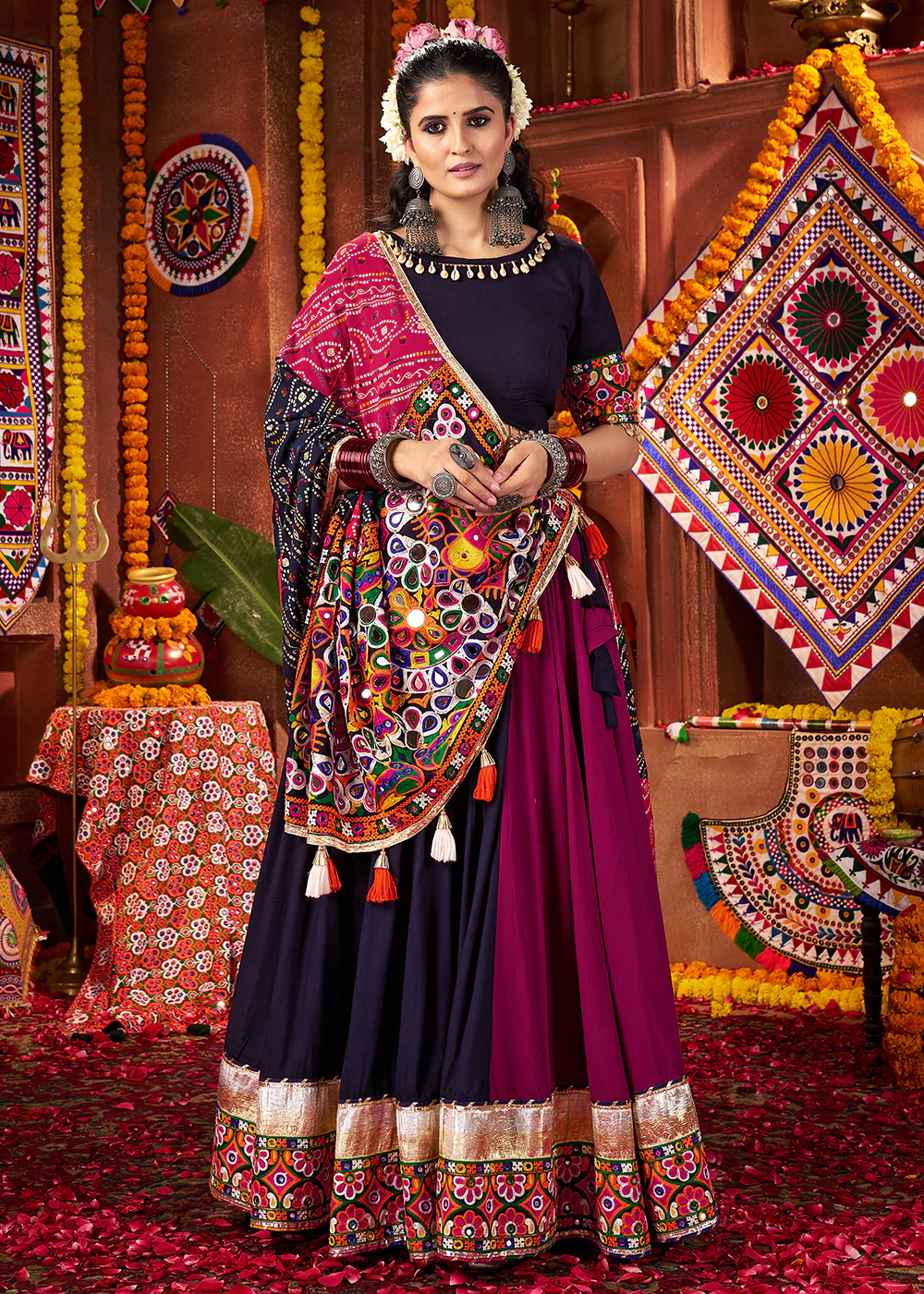 Multi & Navy Viscose Cotton Mirror Chaniya Choli for Navratri