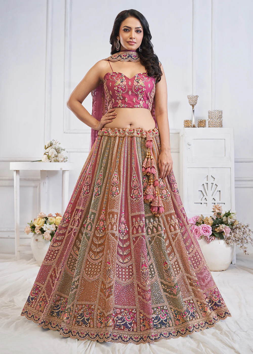 Multi & Onion Pink Embroidered Wedding Wear Lehenga Choli