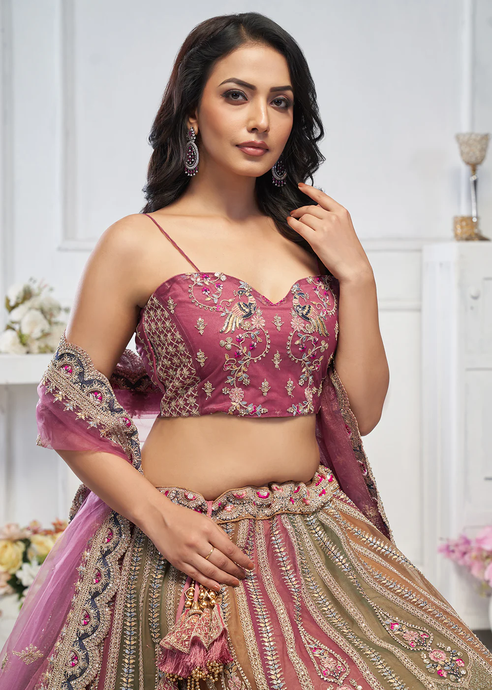 Multi & Onion Pink Embroidered Wedding Wear Lehenga Choli - Image 2