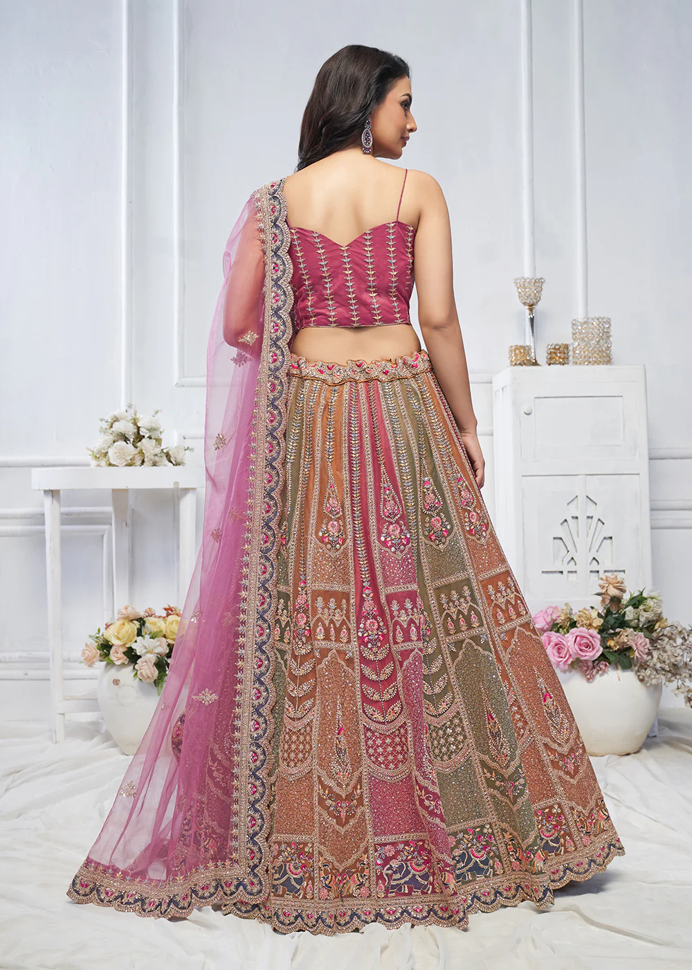 Multi & Onion Pink Embroidered Wedding Wear Lehenga Choli - Image 3