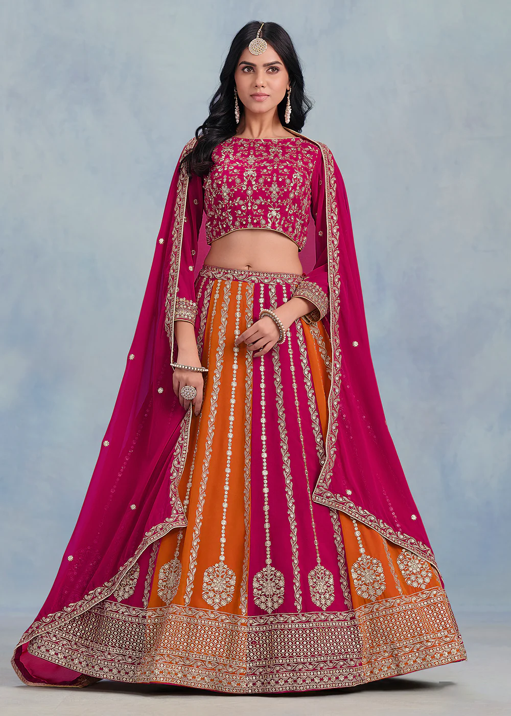 Multi Orange & Pink Faux Georgette Wedding Lehenga Choli