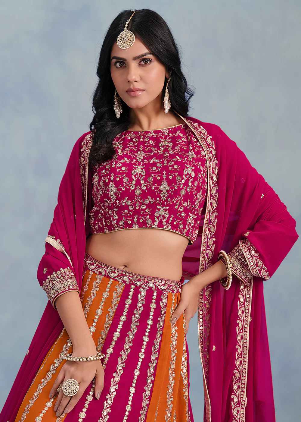 Multi Orange & Pink Faux Georgette Wedding Lehenga Choli - Image 2