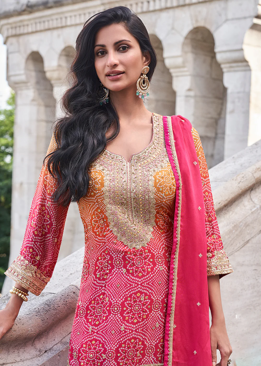 Multi Pink Festive Style Chinnon Gharara Style Suit - Image 2