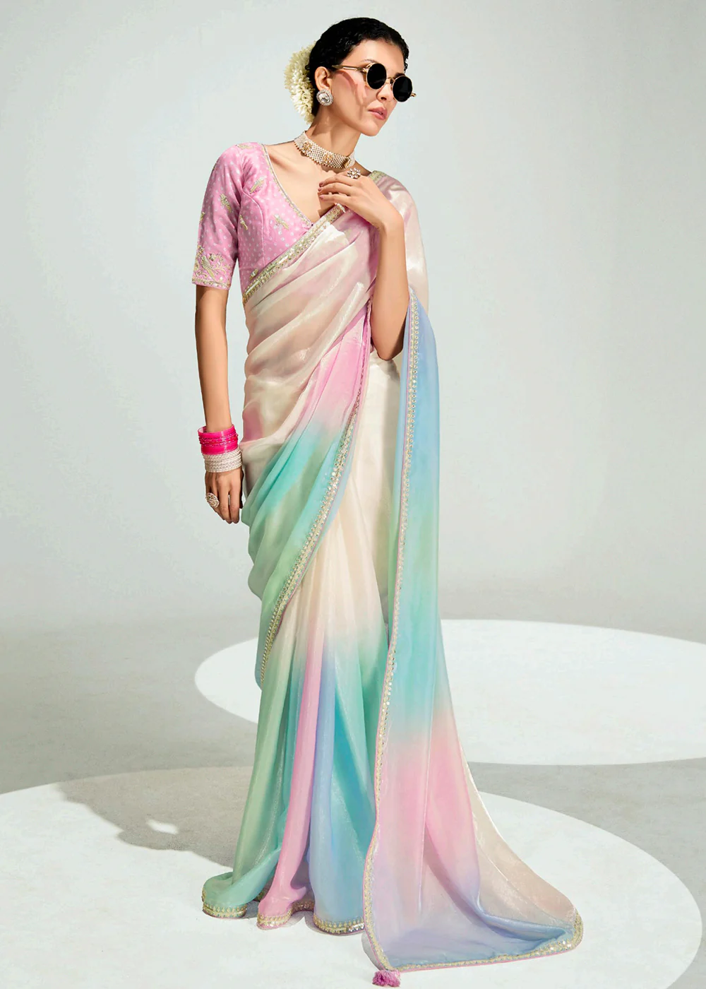 Multi & Pink Organza Tissue Designer Party Wear Saree