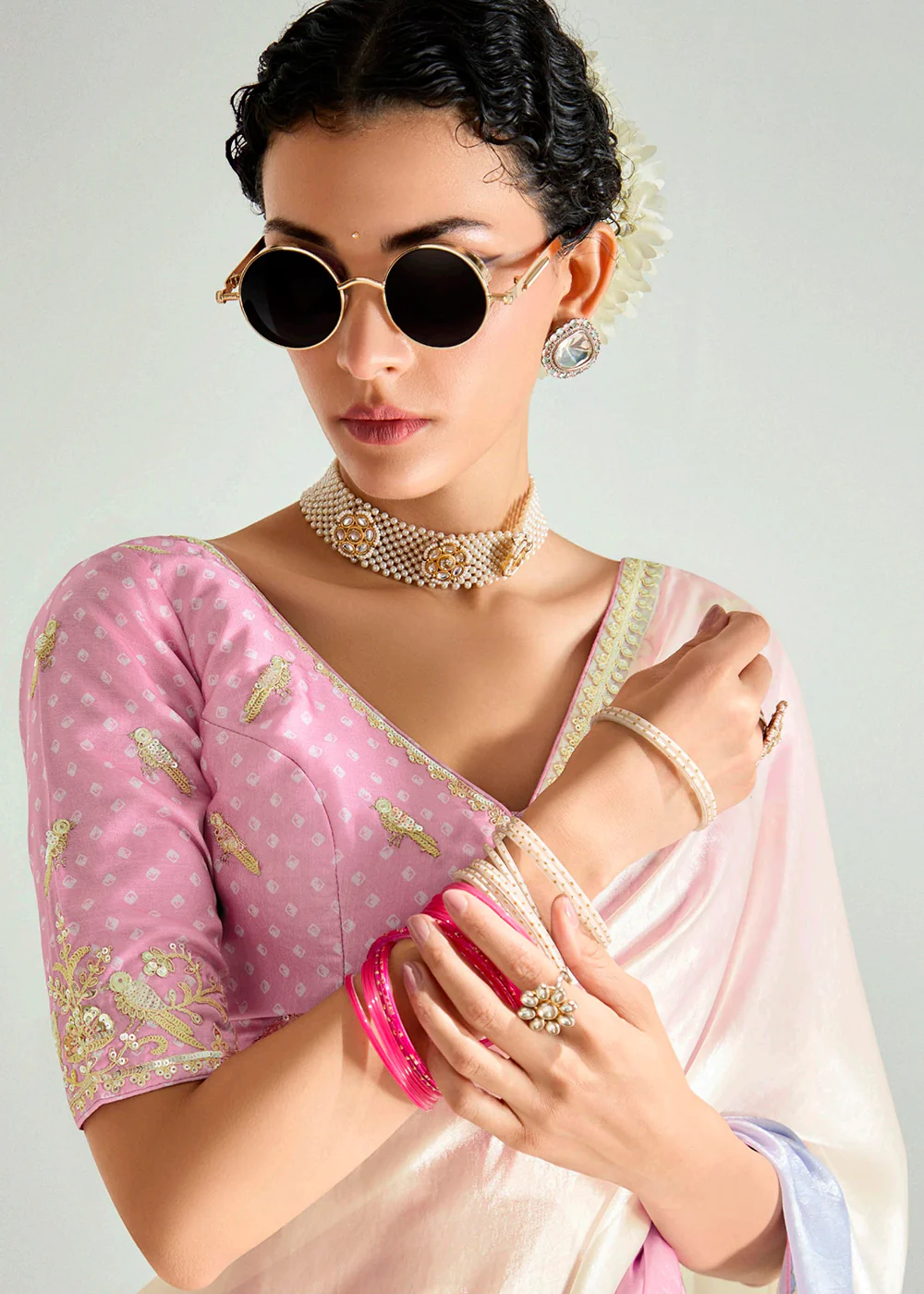 Multi & Pink Organza Tissue Designer Party Wear Saree - Image 2