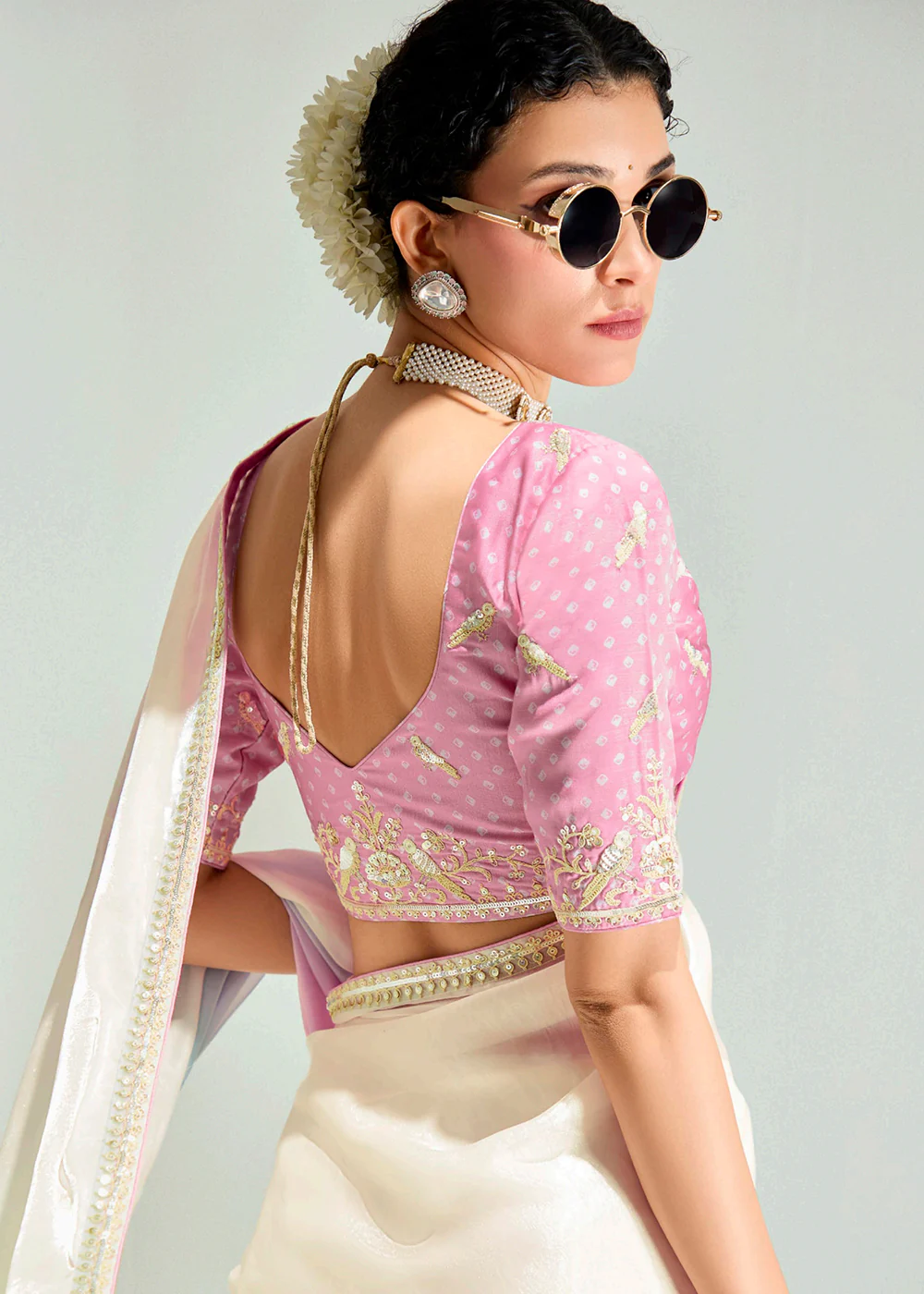 Multi & Pink Organza Tissue Designer Party Wear Saree - Image 3