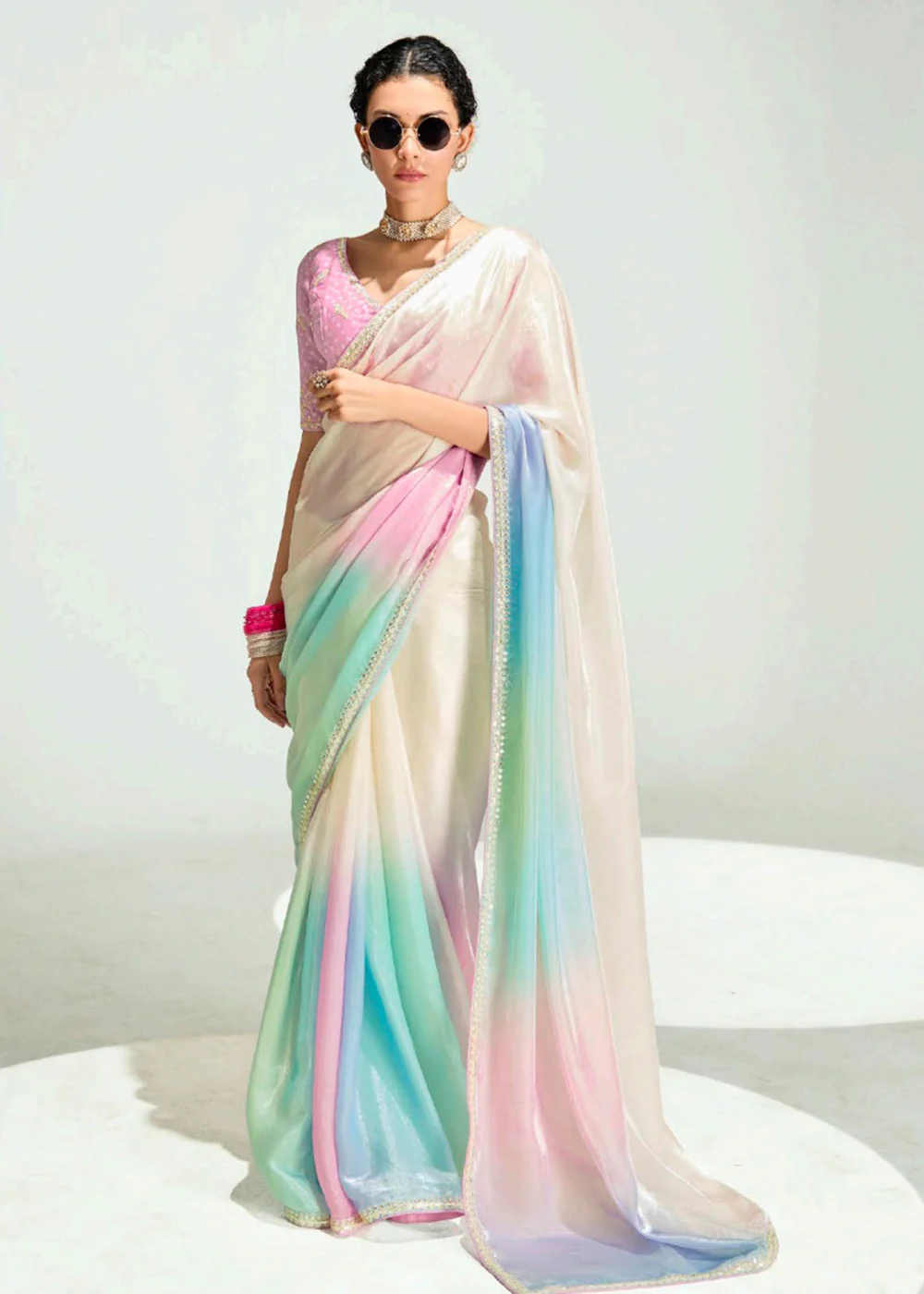 Multi & Pink Organza Tissue Designer Party Wear Saree - Image 4