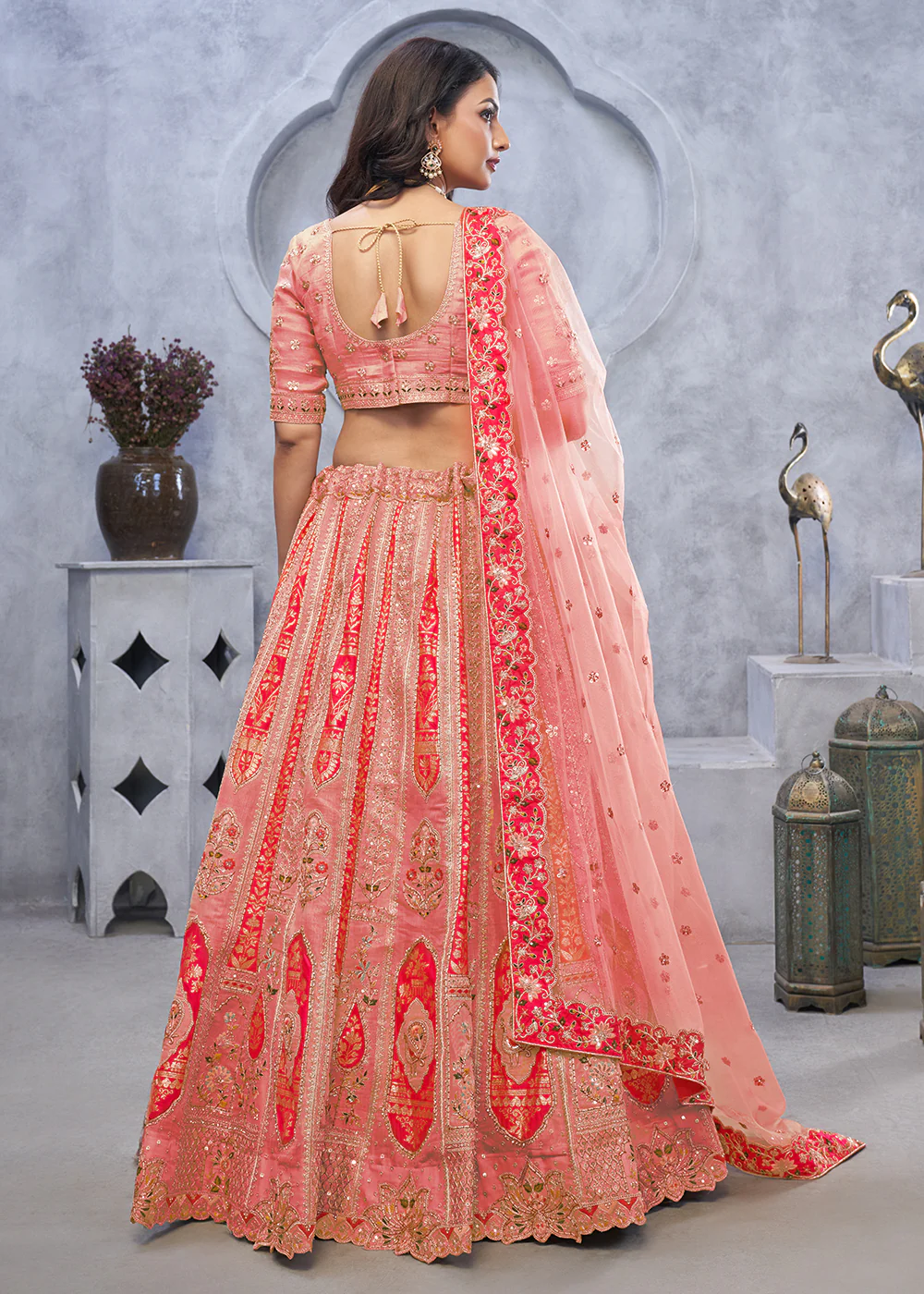 Multi Pink Paisley Motifs Embroidered Wedding Lehenga Choli - Image 3